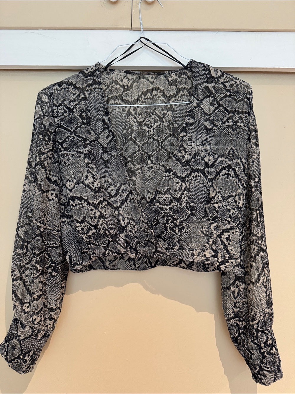 Zara Black & Cream Snake-Print Wrap Crop Top